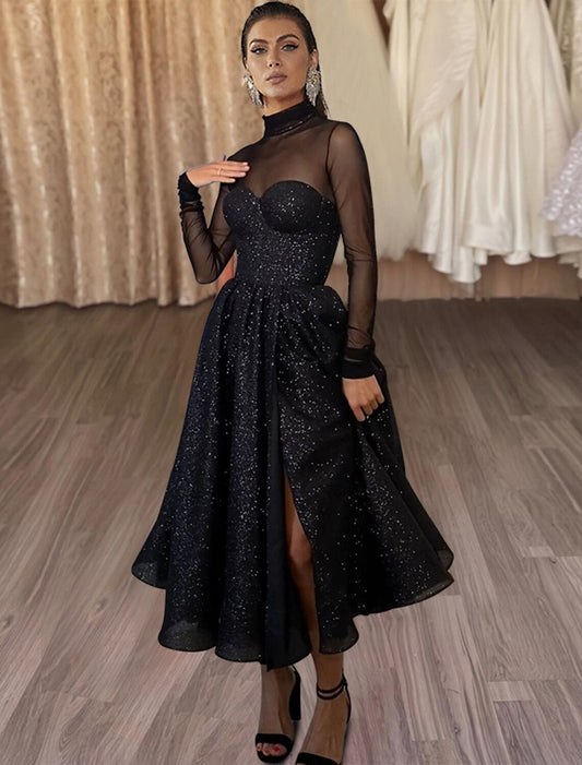 A-Line Cocktail Dresses Sparkle & Shine Dress Party Wear Wedding Party Tea Length Long Sleeve High Neck Wednesday Addams Family Tulle with Glitter Slit by YiHuiw