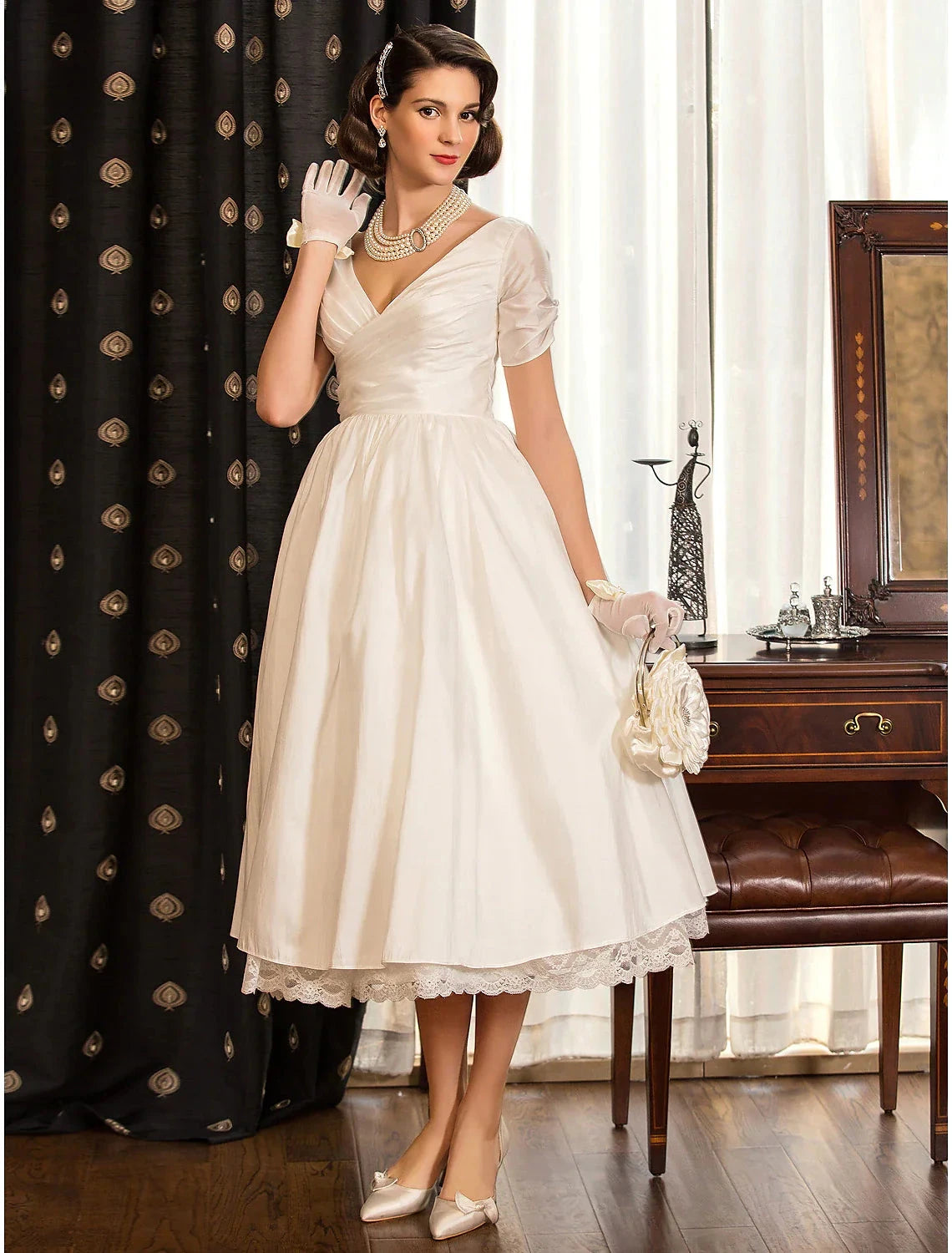 Reception Wedding Dresses Vintage 1940s / 1950s Little White Dresses A-Line V Neck Short Sleeve Tea Length Satin Bridal Gowns With Lace Criss Cross Summer Fall Wedding Party Women's Clothing by YiHuiw