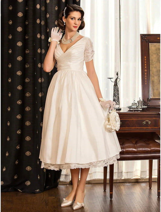 Reception Wedding Dresses Vintage 1940s / 1950s Little White Dresses A-Line V Neck Short Sleeve Tea Length Satin Bridal Gowns With Lace Criss Cross Summer Fall Wedding Party Women's Clothing by YiHuiw