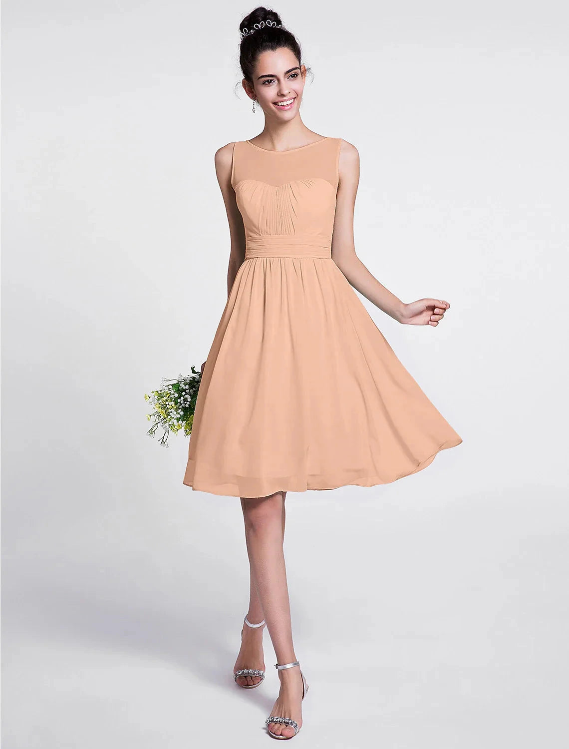 A-Line Bridesmaid Dress Scoop Neck Sleeveless Knee Length Chiffon with Ruched / Draping by YiHuiw