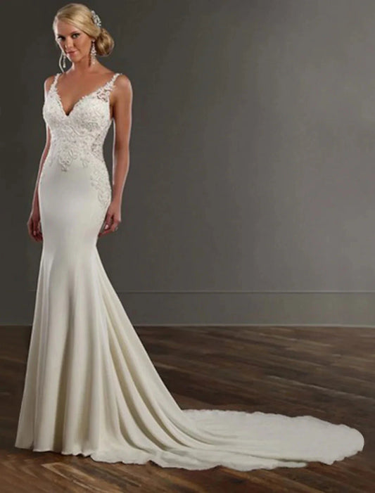 Engagement Open Back Sexy Formal Wedding Dresses Mermaid / Trumpet V Neck Sleeveless Chapel Train Lace Bridal Gowns With Appliques Summer Wedding Party Women's Clothing by YiHuiw