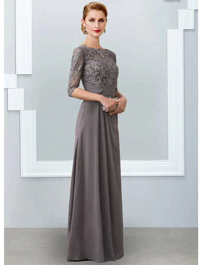 A-Line Mother of the Bride Dress Elegant V Neck Floor Length Chiffon Lace Short Sleeve with Pleats Appliques by YiHuiw