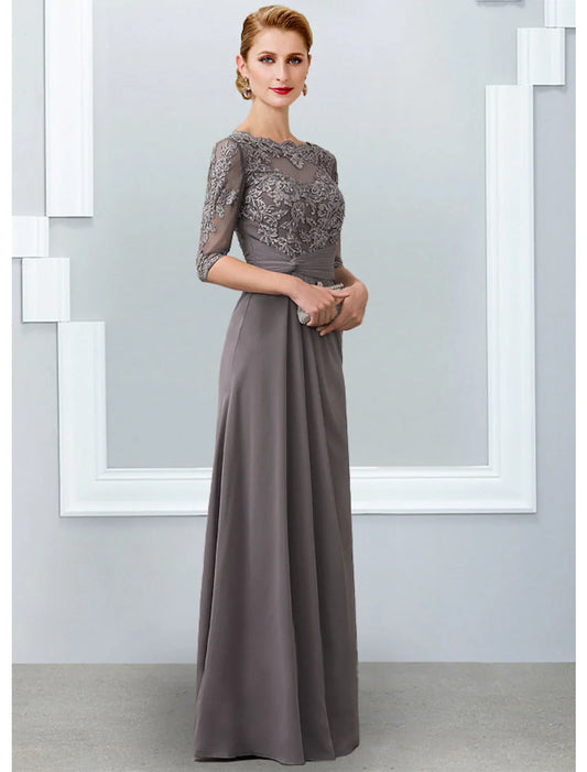 A-Line Mother of the Bride Dress Elegant V Neck Floor Length Chiffon Lace Short Sleeve with Pleats Appliques
