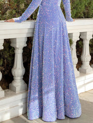 A-Line Prom Dresses Party Dress Formal Floor Length Sleeveless V Neck Sequined with Pleats Sequin