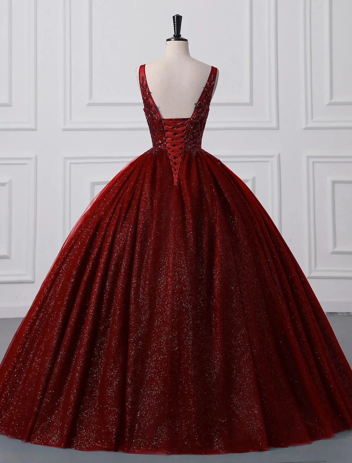 Ball Gown Prom Dresses Sparkle & Shine Dress Quinceanera Floor Length Sleeveless V Neck Tulle with Sequin Appliques by YiHuiw