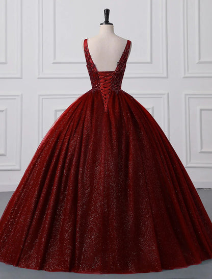 Ball Gown Prom Dresses Sparkle & Shine Dress Quinceanera Floor Length Sleeveless V Neck Tulle with Sequin Appliques by YiHuiw