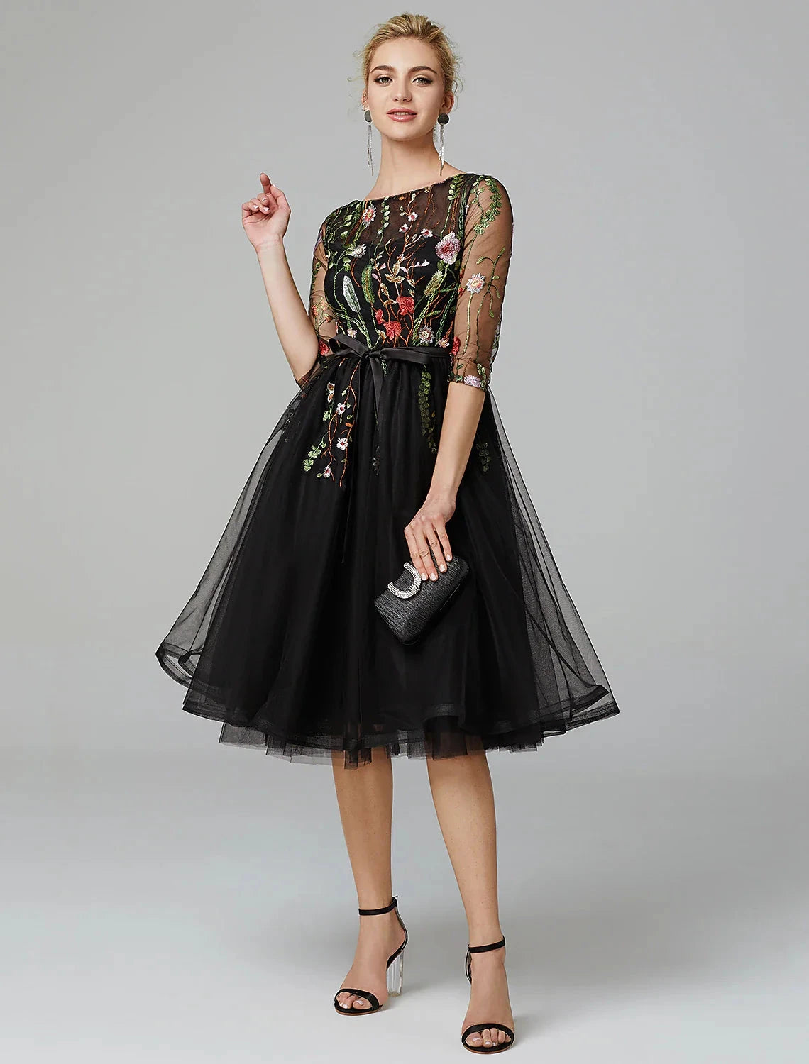 A-Line Black Dress Vintage Wedding Guest Cocktail Party Knee Length Long Sleeve Illusion Neck Wednesday Addams Family Tulle with Embroidery Appliques by YiHuiw
