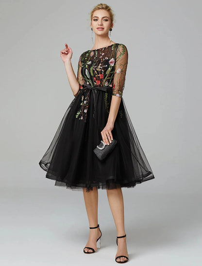 A-Line Black Dress Vintage Wedding Guest Cocktail Party Knee Length Long Sleeve Illusion Neck Wednesday Addams Family Tulle with Embroidery Appliques by YiHuiw