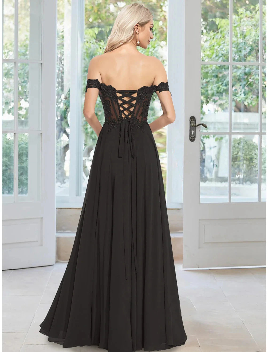A-Line Evening Gown Floral Dress Prom Floor Length Sleeveless Off Shoulder Chiffon with Appliques by YiHuiw