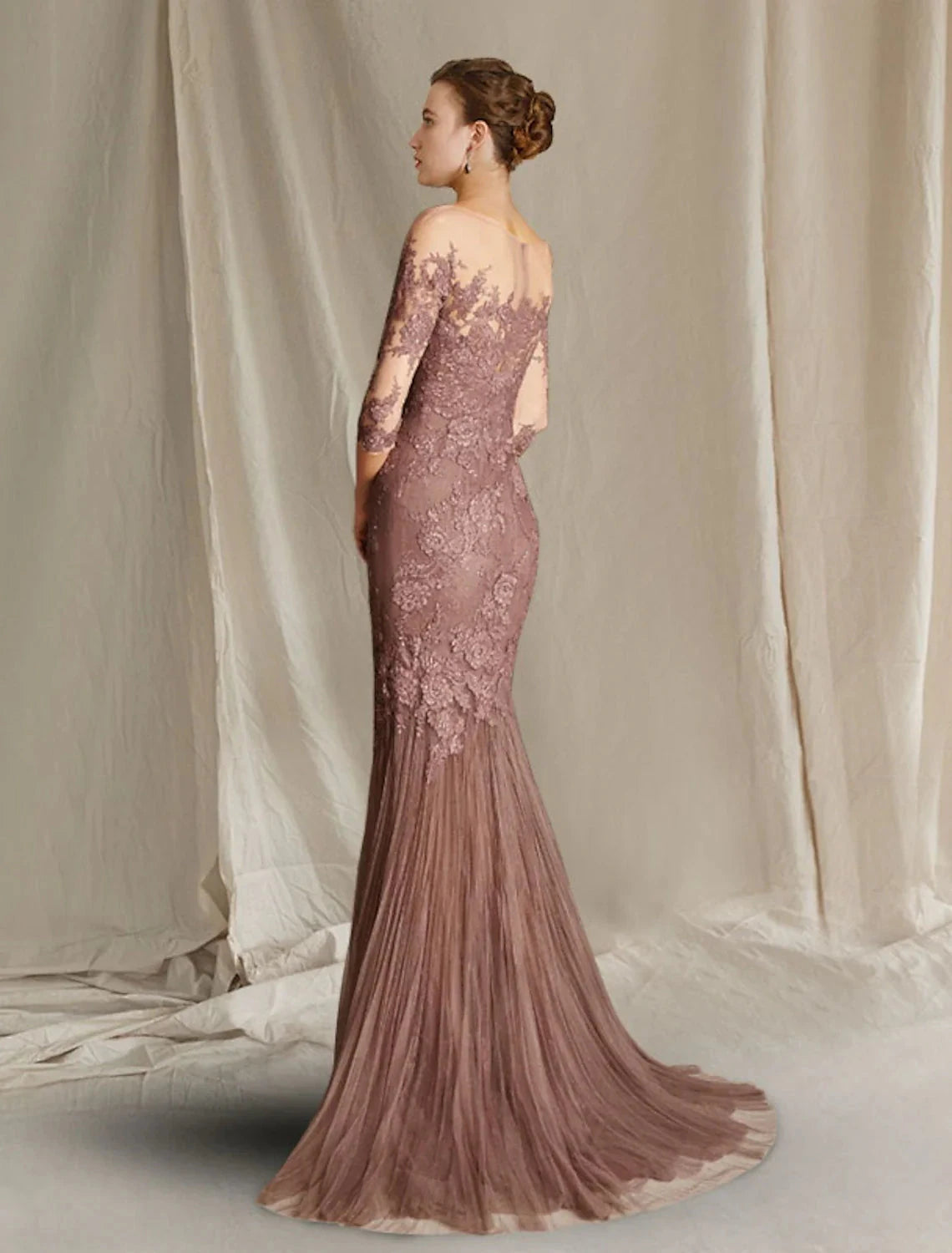 Mermaid / Trumpet Mother of the Bride Dress Fall Wedding Guest Elegant Jewel Neck Sweep / Brush Train Lace Tulle Half Sleeve with Appliques by YiHuiw
