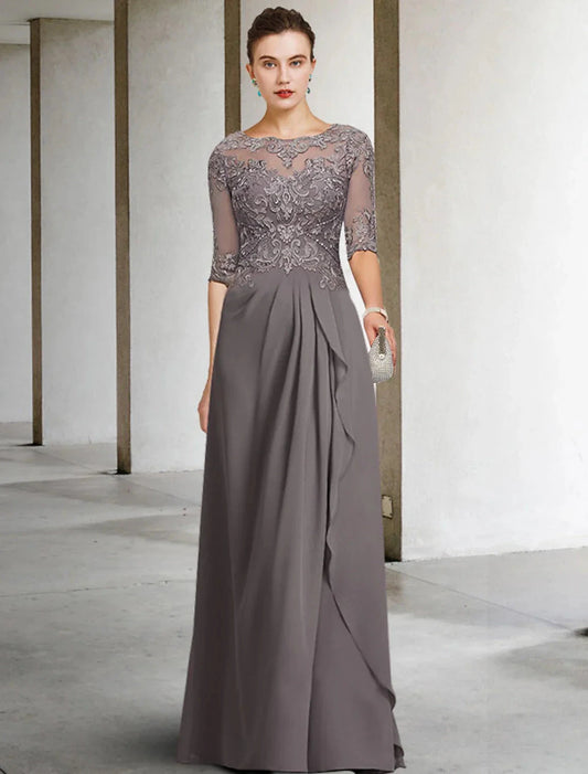 A-Line Mother of the Bride Dress Plus Size Elegant Jewel Neck Floor Length Chiffon Lace Half Sleeve with Pleats Beading Appliques by YiHuiw