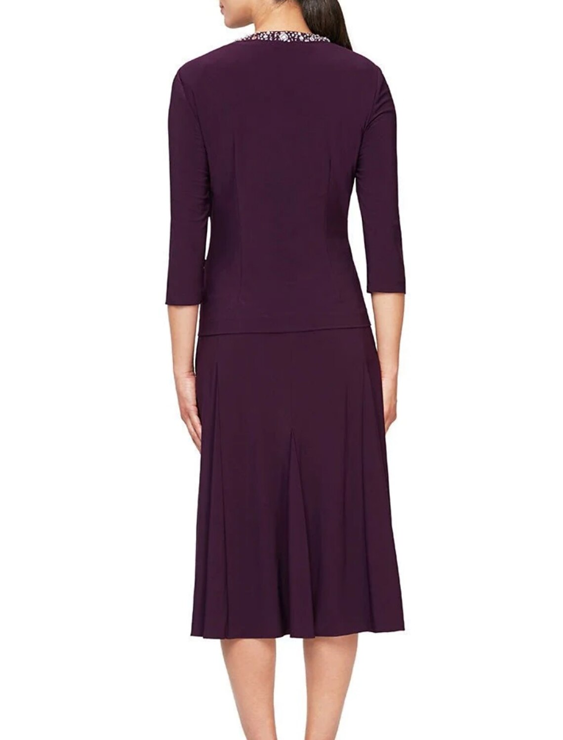 A-Line Mother of the Bride Dress Wedding Guest Elegant Petite Jewel Neck Knee Length  Fabric 3/4 Length Sleeve with Pleats Crystals