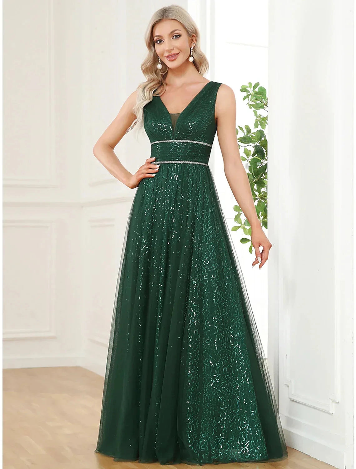 A-Line Prom Dresses Elegant Dress Party Wear Floor Length Sleeveless V Neck Sequined V Back with Sequin by YiHuiw