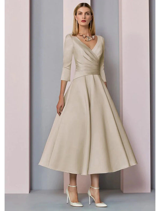 A-Line Mother of the Bride Dress Fall Wedding Guest Vintage Plus Size Elegant V Neck Tea Length Satin 3/4 Length Sleeve with Pleats by YiHuiw