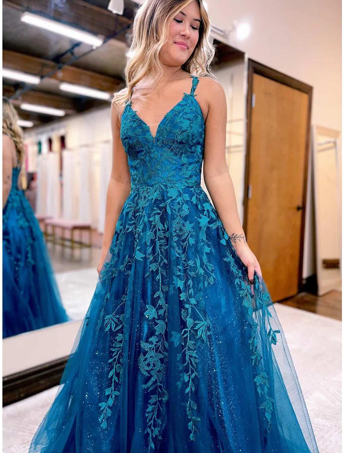 Ball Gown A-Line Prom Dresses Sparkle & Shine Dress Formal Floor Length Sleeveless V Neck Tulle Backless with Glitter Appliques Ball Gown A-Line Prom Dresses Sparkle & Shine Dress Formal Floor Length Sleeveless V Neck Tulle Backless with Glitter Appliques