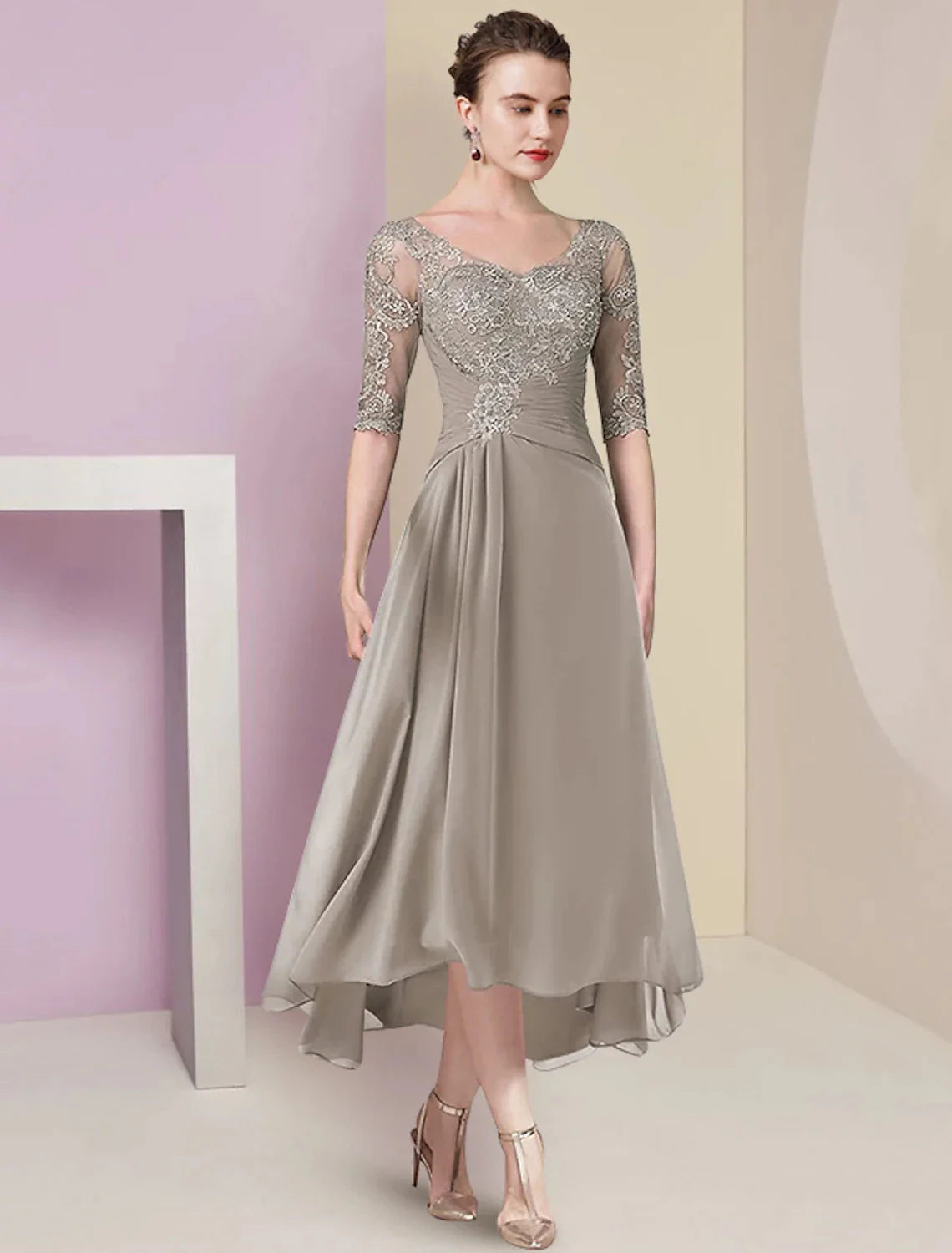 Two Piece A-Line Mother of the Bride Dress Formal Wedding Guest Elegant High Low V Neck Asymmetrical Tea Length Chiffon Lace Half Sleeve Wrap Included with Ruched Appliques by YiHuiw