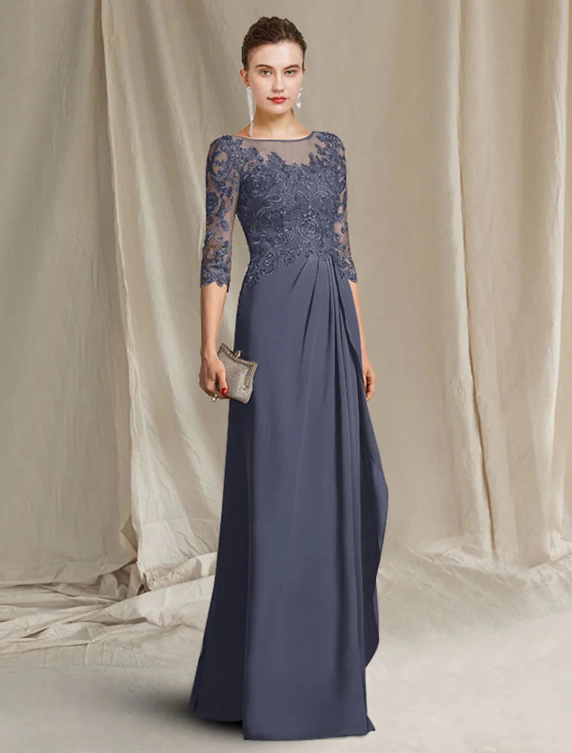 Sheath / Column Mother of the Bride Dress Plus Size Elegant Jewel Neck Floor Length Chiffon Lace 3/4 Length Sleeve with Pleats Ruffles Appliques by YiHuiw