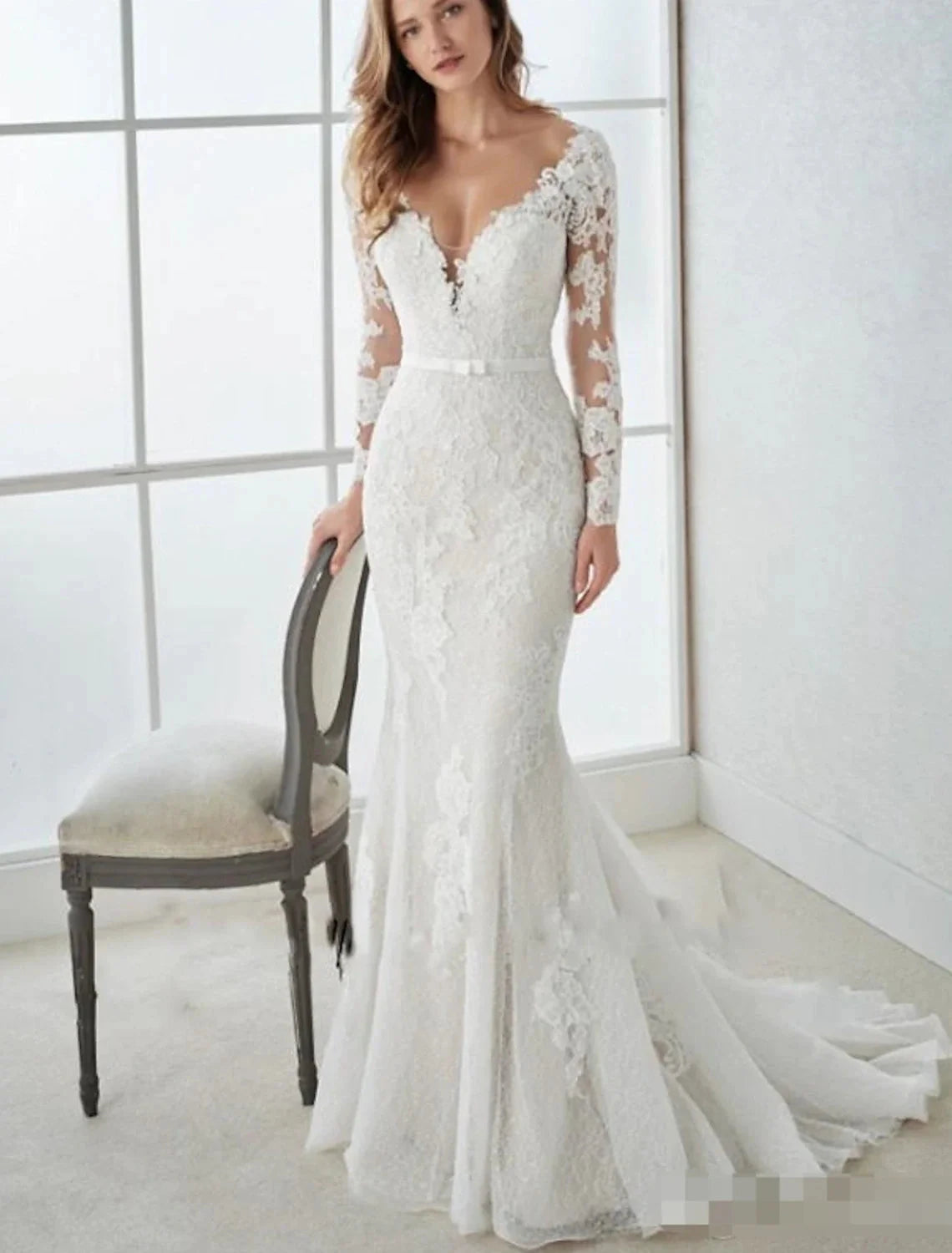Engagement Formal Fall Wedding Dresses Mermaid / Trumpet V Neck Long Sleeve Sweep / Brush Train Lace Open Back Bridal Gowns With Summer Wedding Party Women‘s Clothing by YiHuiw