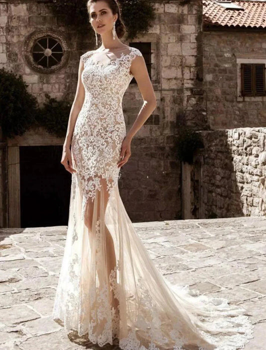 Engagement Formal Wedding Dresses Mermaid / Trumpet Illusion Neck Cap Sleeve Court Train Lace Bridal Gowns With Appliques Summer Wedding Party Women's Clothing by YiHuiw