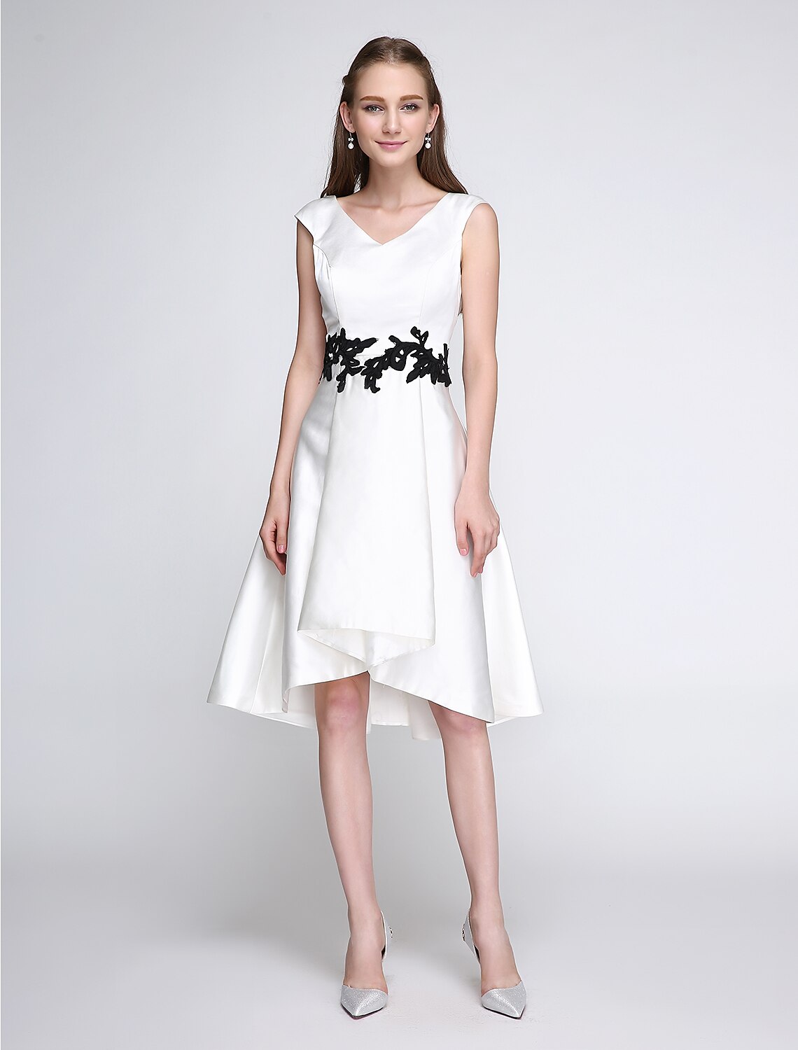 A-Line Fit & Flare Dress Cocktail Party Prom Knee Length Sleeveless V Neck Satin with Appliques by YiHuiw