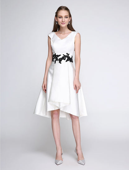 A-Line Fit & Flare Dress Cocktail Party Prom Knee Length Sleeveless V Neck Satin with Appliques by YiHuiw