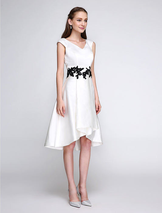 A-Line Fit & Flare Dress Cocktail Party Prom Knee Length Sleeveless V Neck Satin with Appliques by YiHuiw