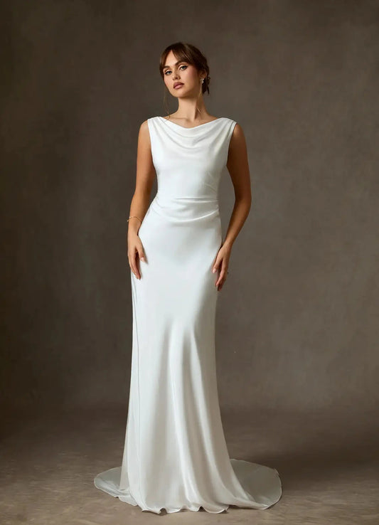 Elegant Satin Wedding Dress with Ruched Bodice Mermaid Silhouette Dramatic Cowl Back by YiHuiw
