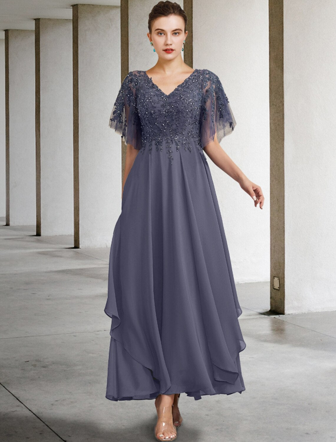 A-Line Plus Size Curve Mother of the Bride Dress Elegant Jewel Neck Ankle Length Chiffon Lace Short Sleeve with Beading Sequin Appliques by YiHuiw