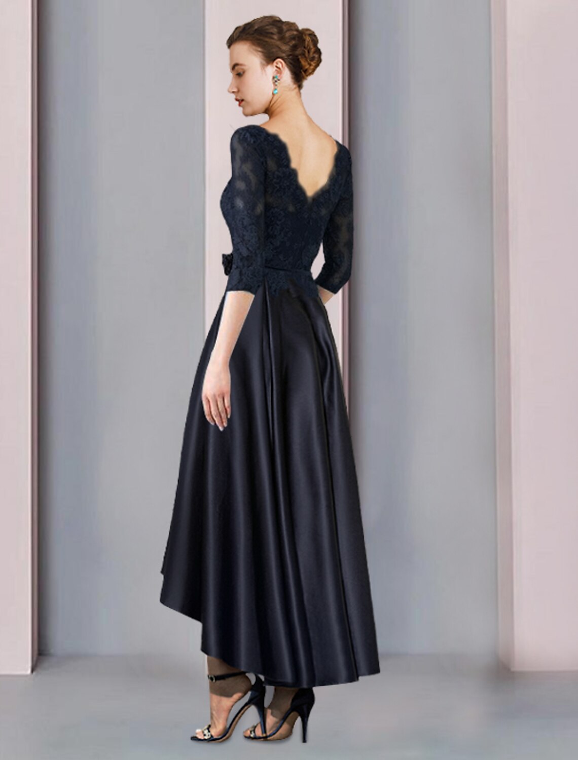 A-Line Mother of the Bride Dress Wedding Guest Elegant High Low Scoop Neck Asymmetrical Tea Length Satin Lace 3/4 Length Sleeve with Pleats Appliques Flower by YiHuiw