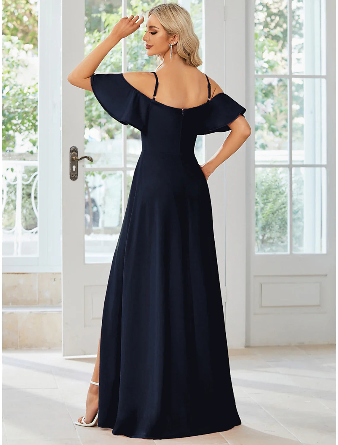 A-Line Wedding Guest Dresses Elegant Dress Formal Floor Length Short Sleeve Off Shoulder  Fabric with Slit Pure Color