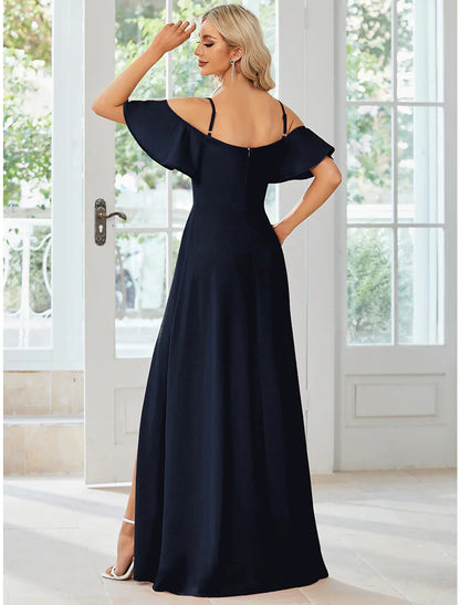A-Line Wedding Guest Dresses Elegant Dress Formal Floor Length Short Sleeve Off Shoulder Fabric with Slit Pure Color by YiHuiw
