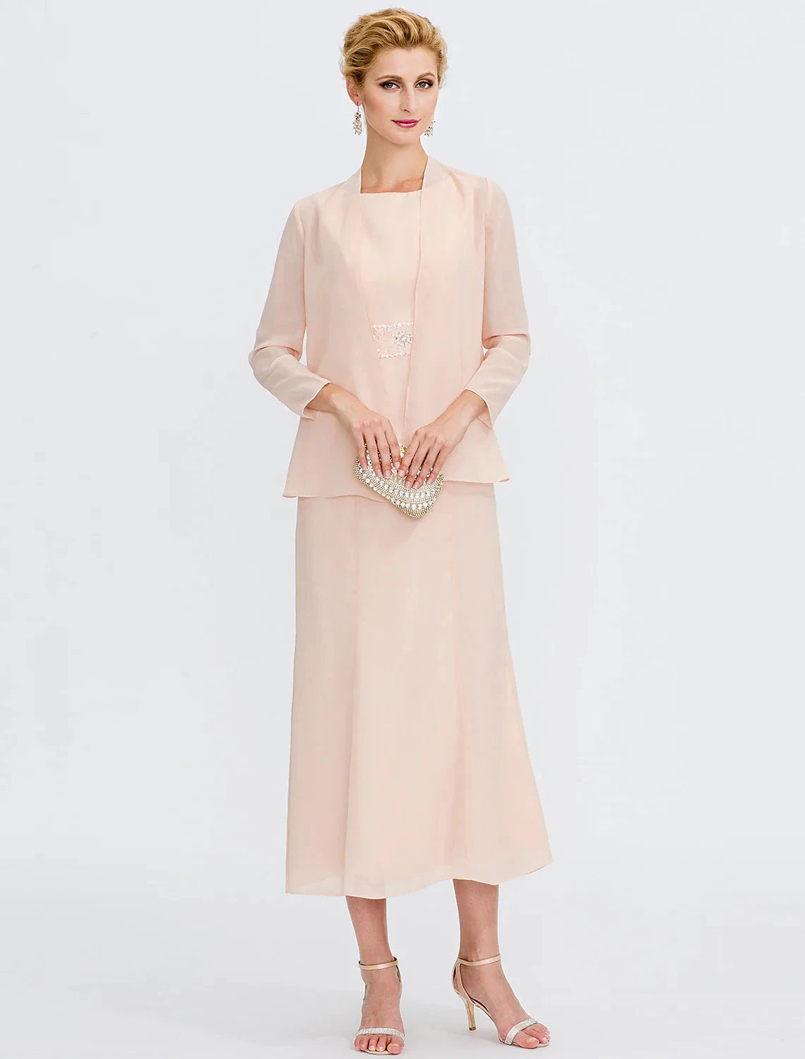 Two Piece Sheath / Column Mother of the Bride Dress Wedding Guest Plus Size Elegant with Jacket Long Sleeve Scoop Neck Tea Length Chiffon Sash / Ribbon Pleats Beading by YiHuiw