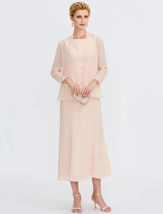 Two Piece Sheath / Column Mother of the Bride Dress Wedding Guest Plus Size Elegant with Jacket Long Sleeve Scoop Neck Tea Length Chiffon Sash / Ribbon Pleats Beading by YiHuiw