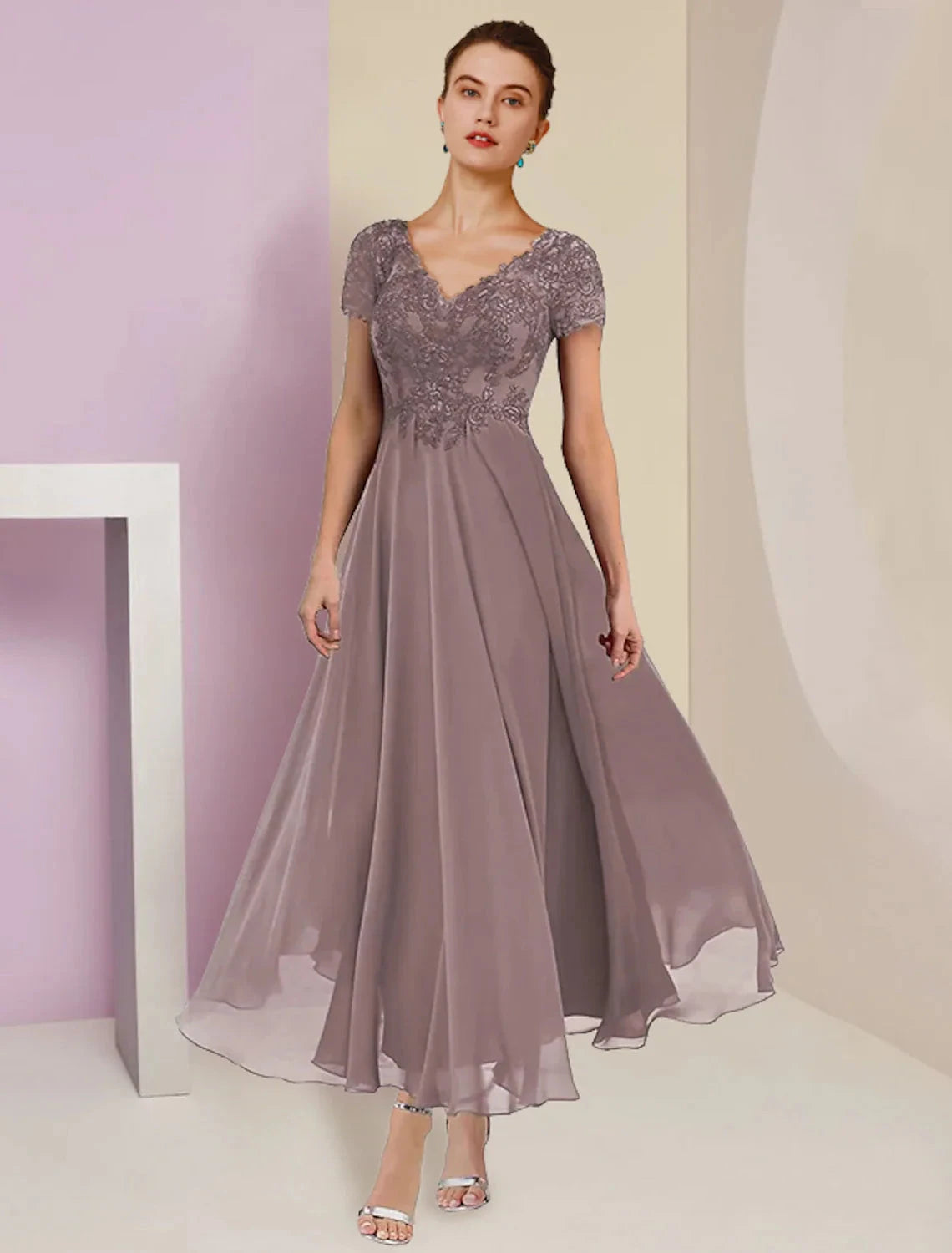 Two Piece A-Line Mother of the Bride Dress Formal Wedding Guest Elegant V Neck Tea Length Chiffon Lace Short Sleeve Jacket Dresses with Pleats Appliques by YiHuiw