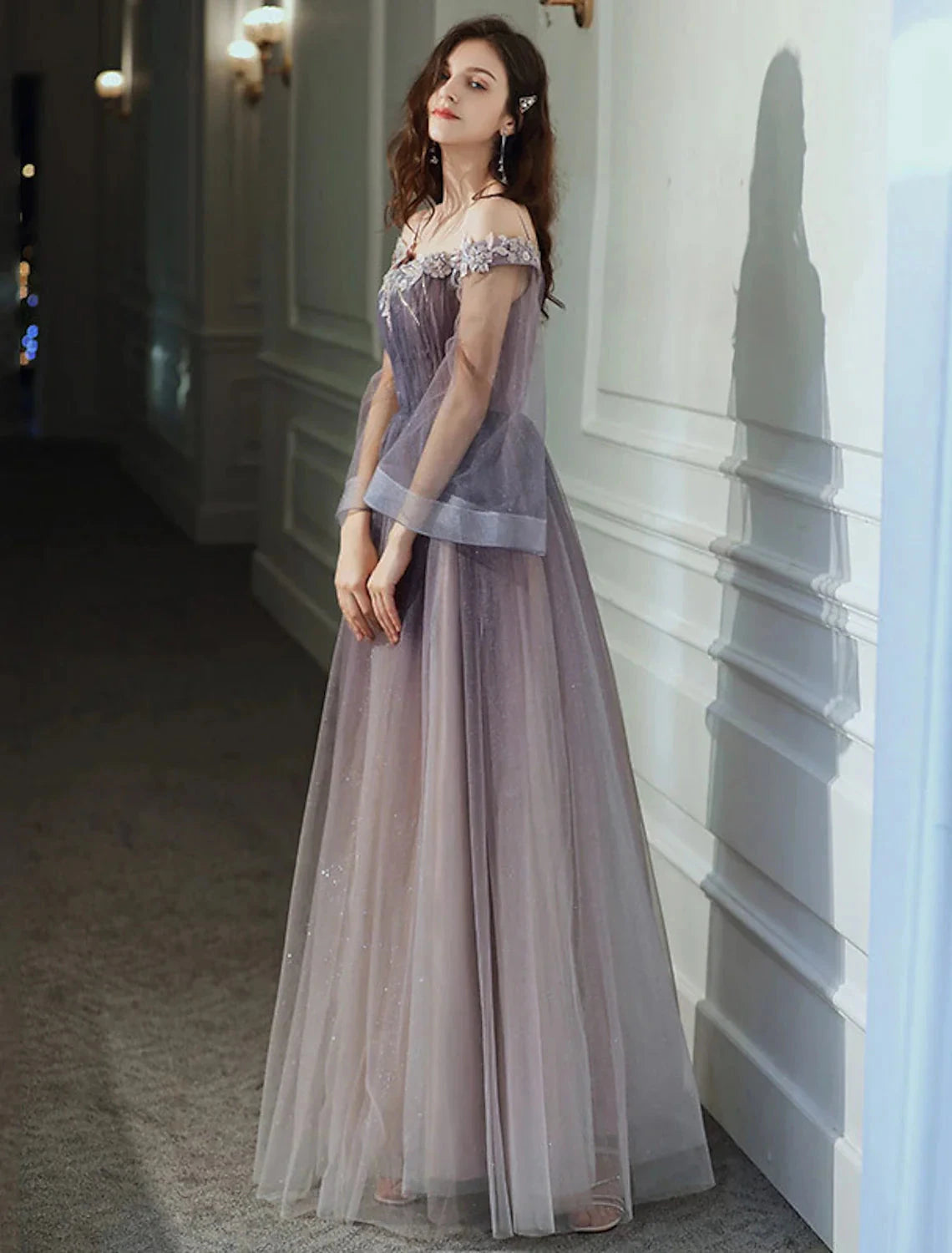 A-Line Minimalist Elegant Party Wear Prom Dress Off Shoulder Long Sleeve Floor Length Tulle with Appliques by YiHuiw