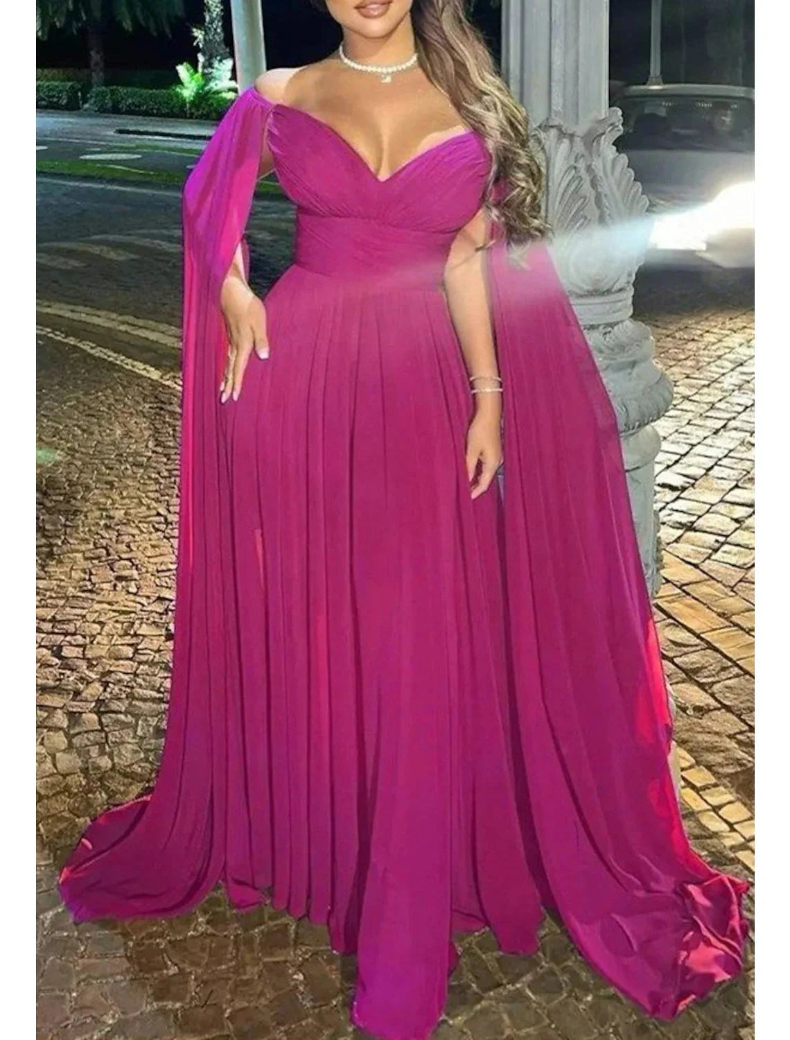 A-Line Evening Gown Elegant Dress Formal Wedding Party Sweep / Brush Train Sleeveless Off Shoulder Capes Chiffon with Pleats by YiHuiw
