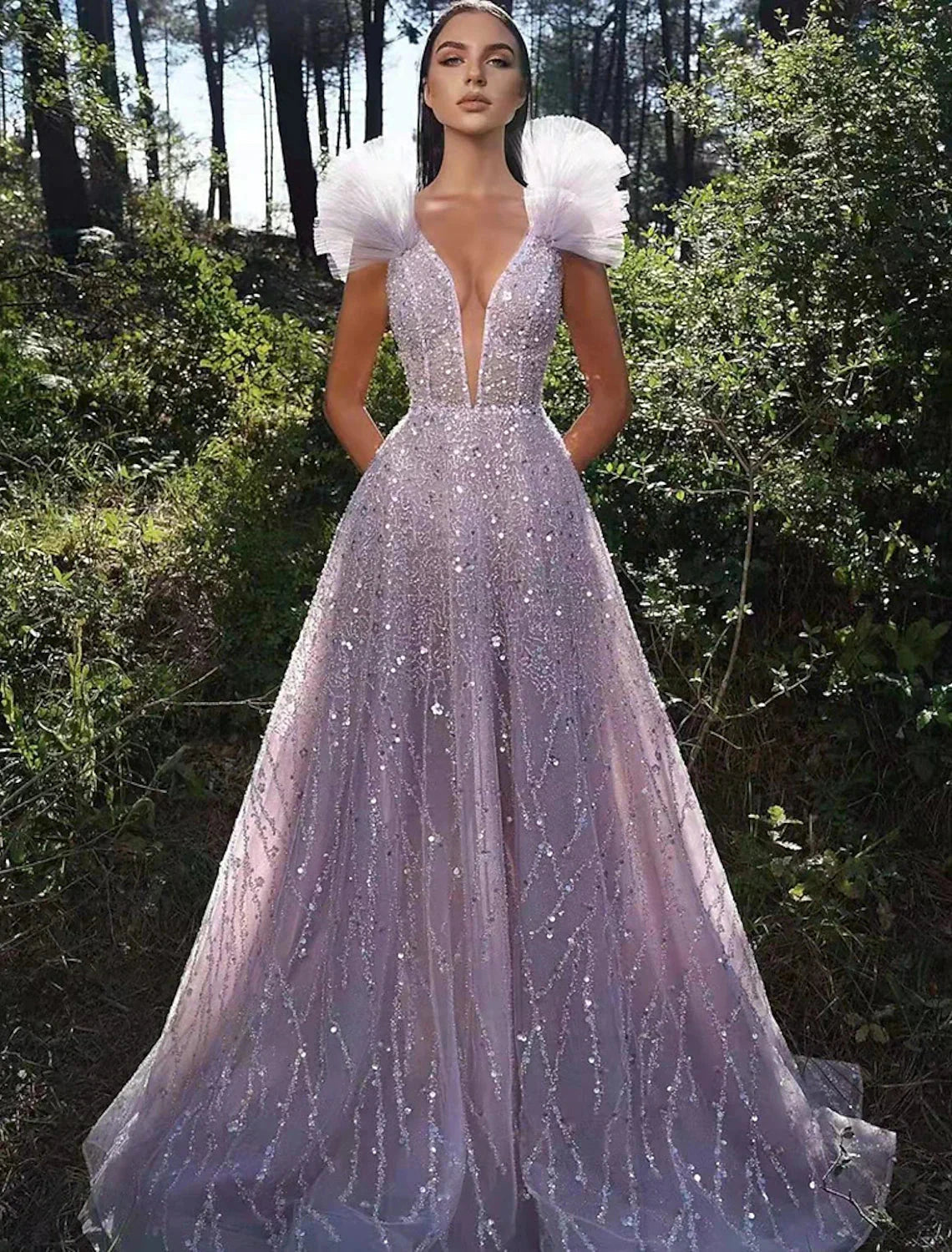 A-Line Prom Dresses Sparkle & Shine Dress Formal Wedding Party Floor Length Sleeveless V Neck Sequined Backless with Sequin by YiHuiw