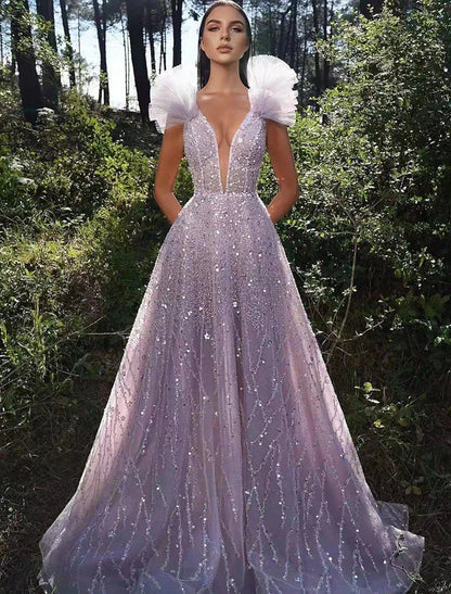 A-Line Prom Dresses Sparkle & Shine Dress Formal Wedding Party Floor Length Sleeveless V Neck Sequined Backless with Sequin by YiHuiw