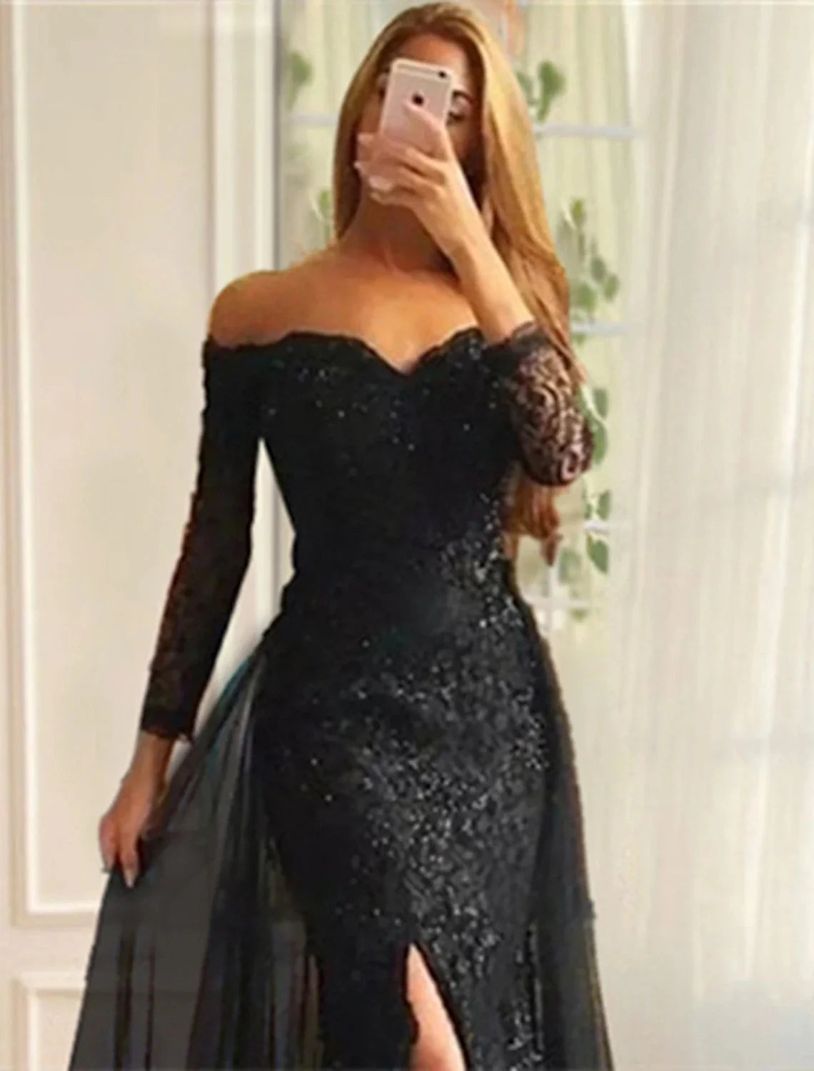 Mermaid / Trumpet Evening Gown Floral Dress Formal Sweep / Brush Train Long Sleeve Off Shoulder Fall Wedding Reception Chiffon with Slit Appliques by YiHuiw