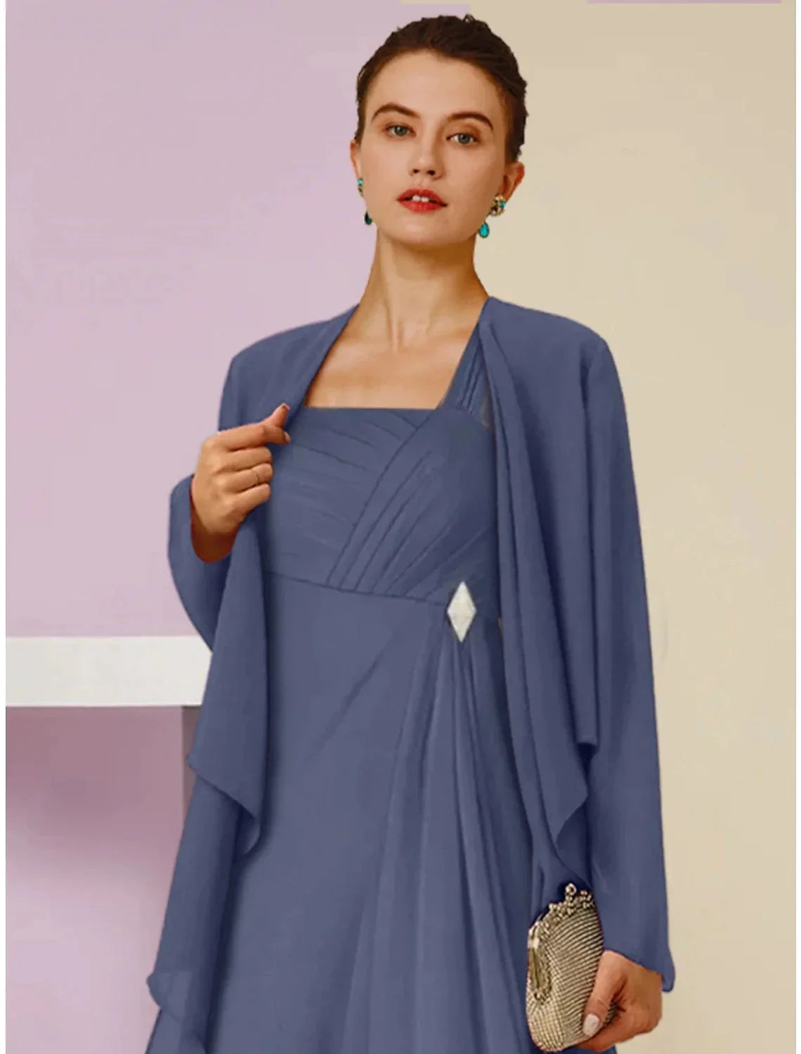 A-Line Mother of the Bride Dress Wedding Guest Elegant Square Neck Ankle Length Chiffon Long Sleeve with Crystal Brooch Ruching by YiHuiw