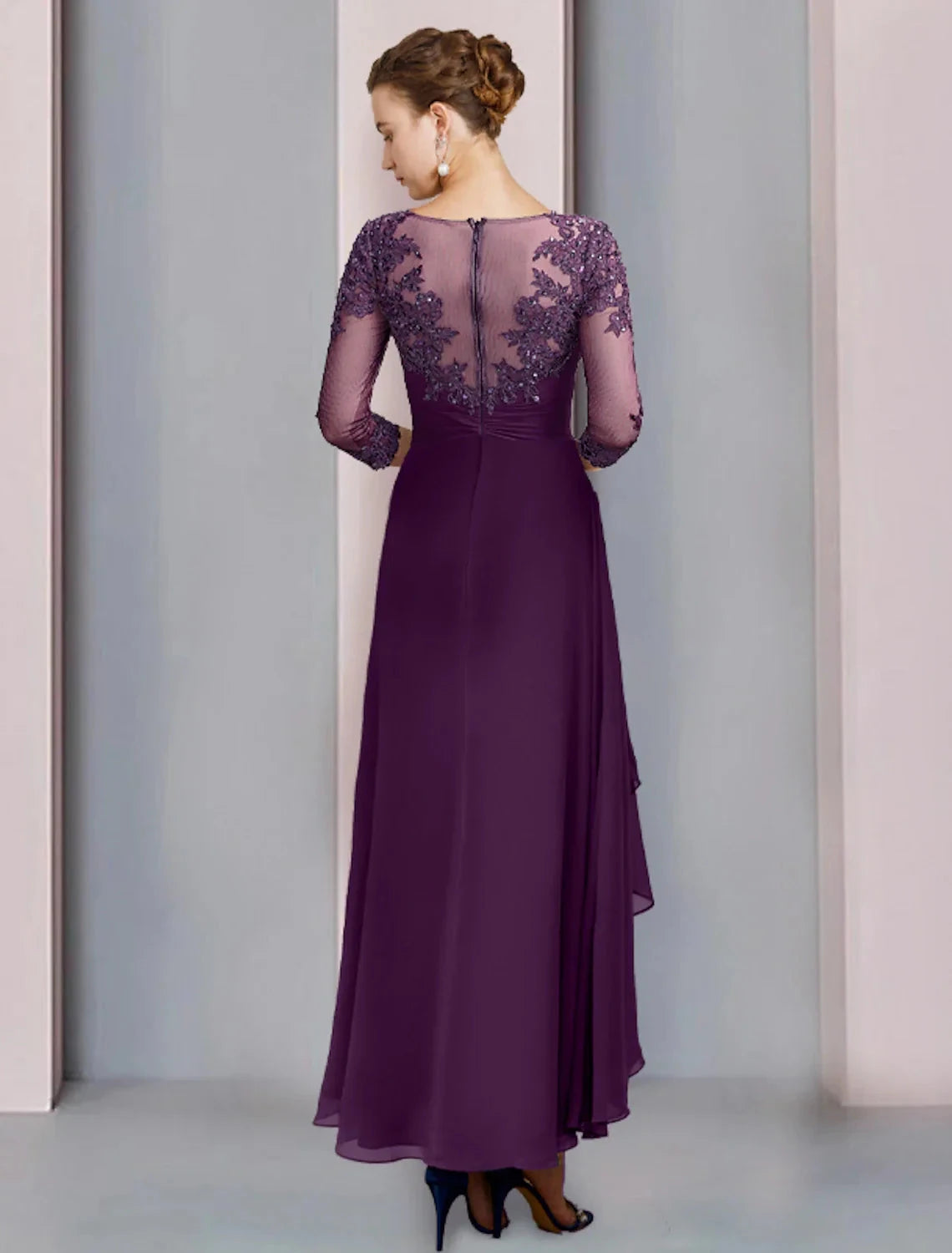 Sheath / Column Mother of the Bride Dress Wedding Guest Party Elegant Scoop Neck Ankle Length Chiffon Lace 3/4 Length Sleeve with Pleats Sequin by YiHuiw