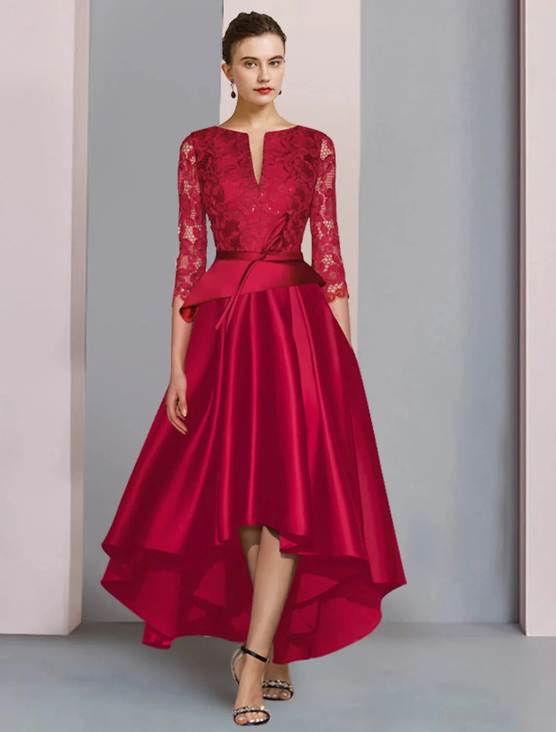 A-Line Mother of the Bride Dress Formal Fall Wedding Guest Party Elegant High Low Scoop Neck Asymmetrical Tea Length Satin Lace 3/4 Length Sleeve with Bow(s) Pleats by YiHuiw