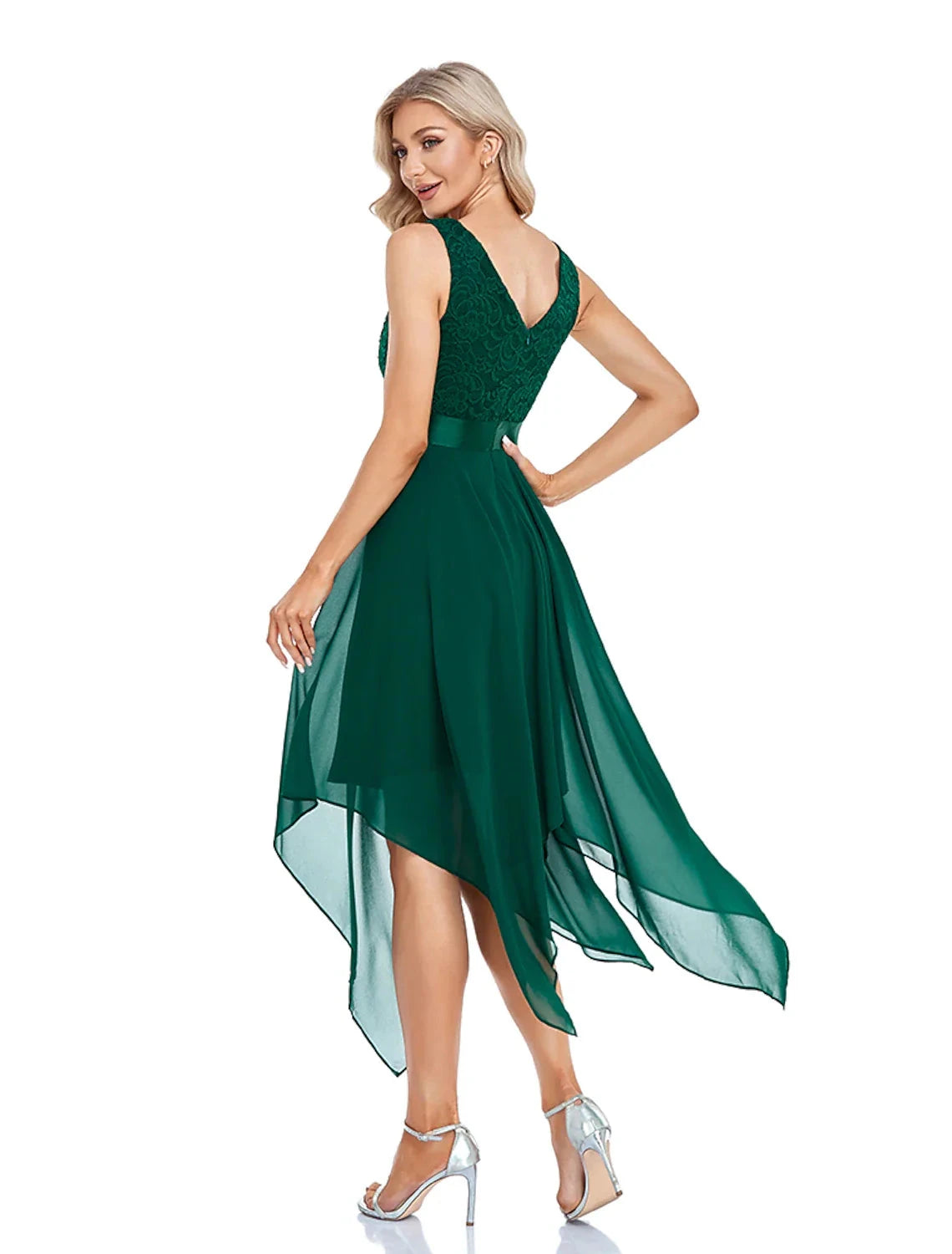 A-Line Cocktail Dresses Party Dress Homecoming Wedding Guest Asymmetrical Sleeveless V Neck Chiffon V Back with Pure Color Splicing by YiHuiw