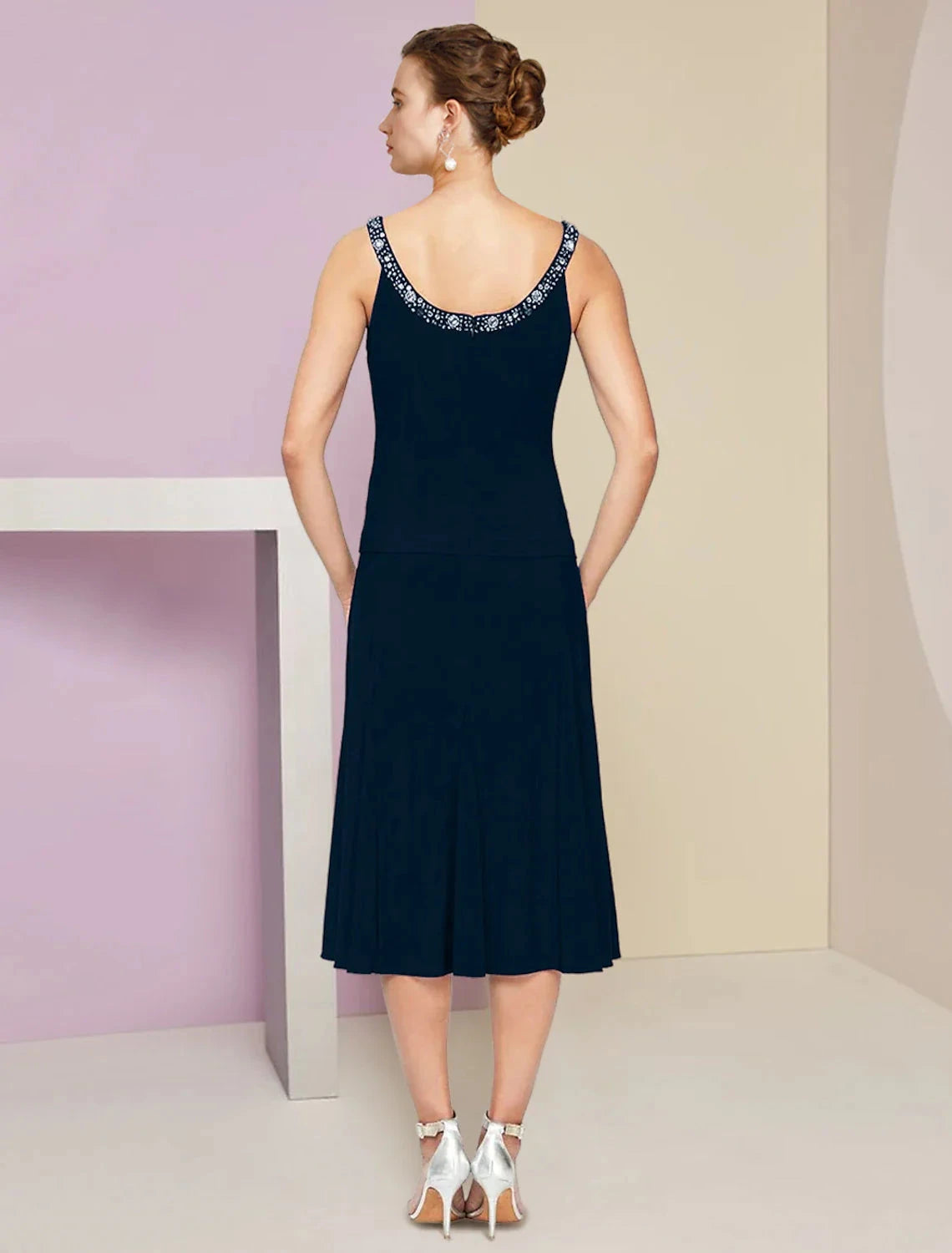 A-Line Mother of the Bride Dress Wedding Guest Elegant Petite Jewel Neck Knee Length Fabric 3/4 Length Sleeve with Pleats Crystals by YiHuiw