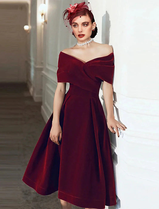 A-Line Cocktail Black Dress 1950s Dress Fall Wedding Guest Dress Knee Length Short Sleeve Off Shoulder Velvet with Pleats Pure Color by YiHuiw
