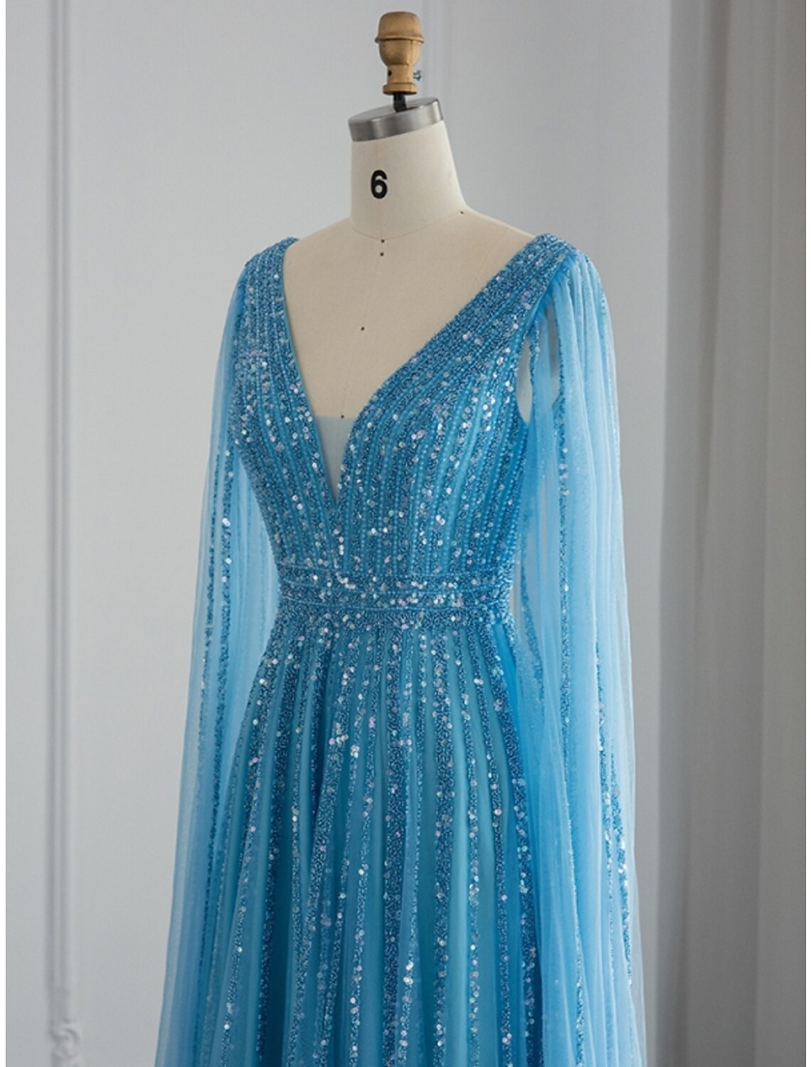 A-Line Evening Gown Sparkle & Shine Dress Formal Fall Sweep / Brush Train Long Sleeve V Neck Sequined with Glitter Pleats by YiHuiw