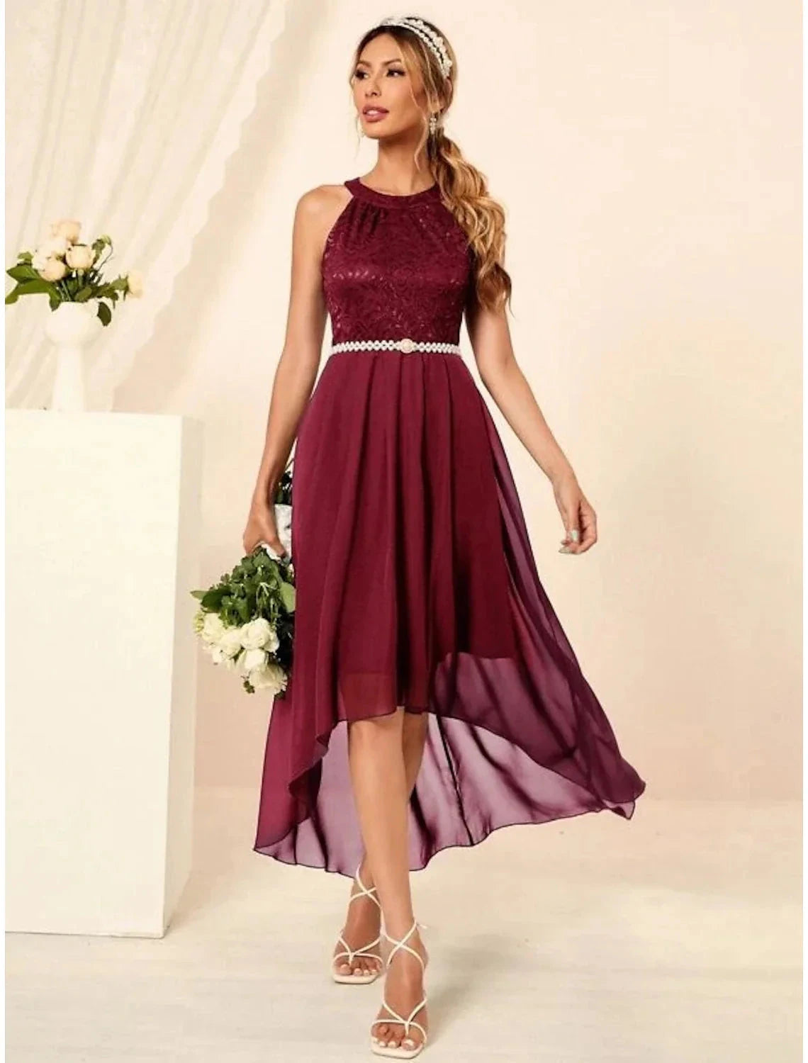 A-Line Minimalist Elegant Party Wear Cocktail Party Dress Halter Neck Sleeveless Asymmetrical Nylon with Pleats by YiHuiw