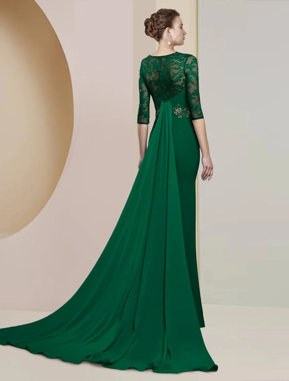 Sheath / Column Mother of the Bride Dress Formal Wedding Guest Elegant Scoop Neck Floor Length Chiffon Lace Half Sleeve with Appliques by YiHuiw