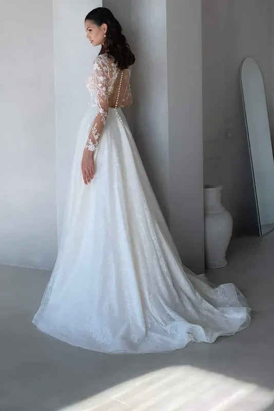 A-Line High Neck Floor-Length Wedding Dress - Yihuiw by Yihuiw