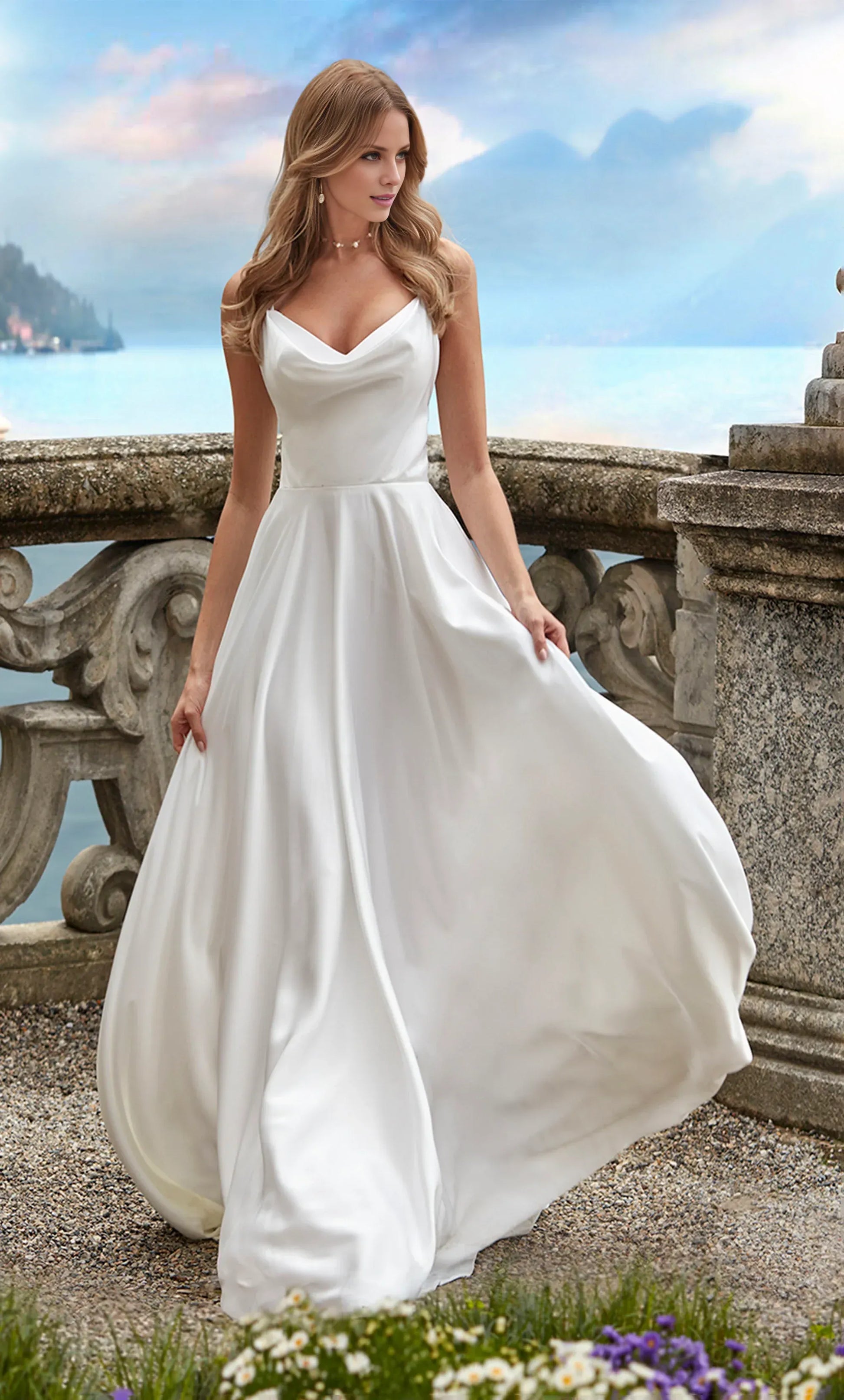 A-Line Spaghetti Strap Satin Open Back Train Wedding Dress - Yihuiw by Yihuiw